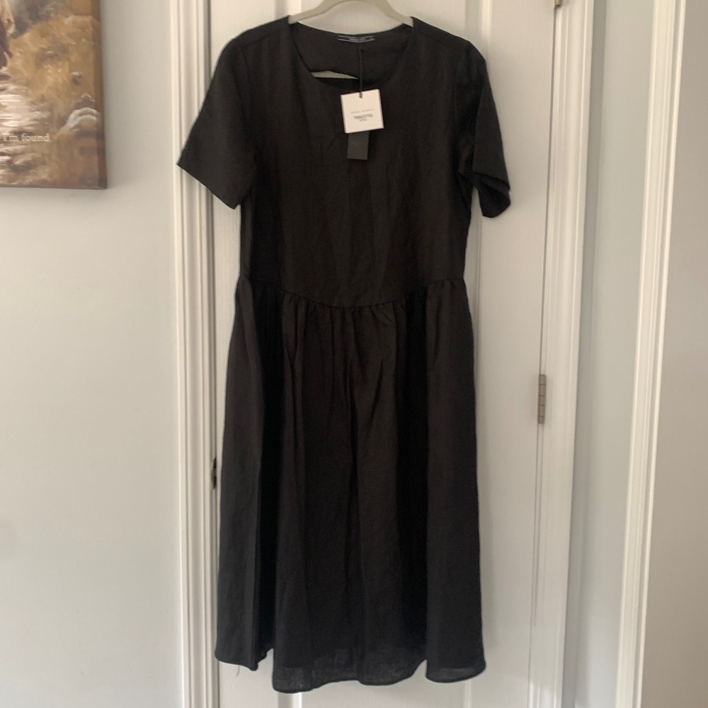 Trikotto Black Linen Midi Dress Short Sleeve Gathered‎ Waist Small
